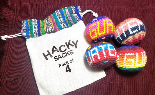 Set of 4 Guatemala Stress Relief Crocheted Cotton HACKY SACKS, Juggling Balls Toy With STORAGE Bag