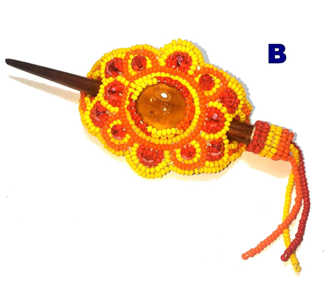 Czech Seed Bead Hair Clip Barrette: Guatemalan Leather & Wood