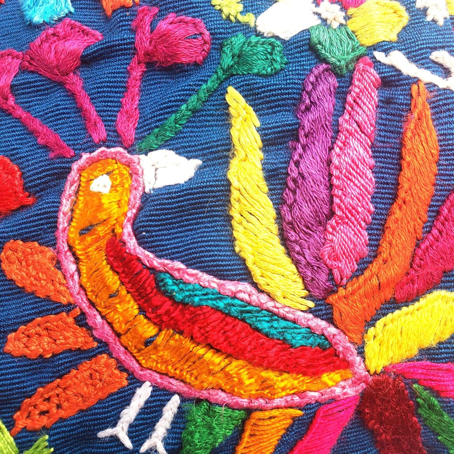 Upcycled Huipil PILLOW Case, Cushion Cover 19x19 inches, Handmade Blue PEACOCKS and FLORAL Textile