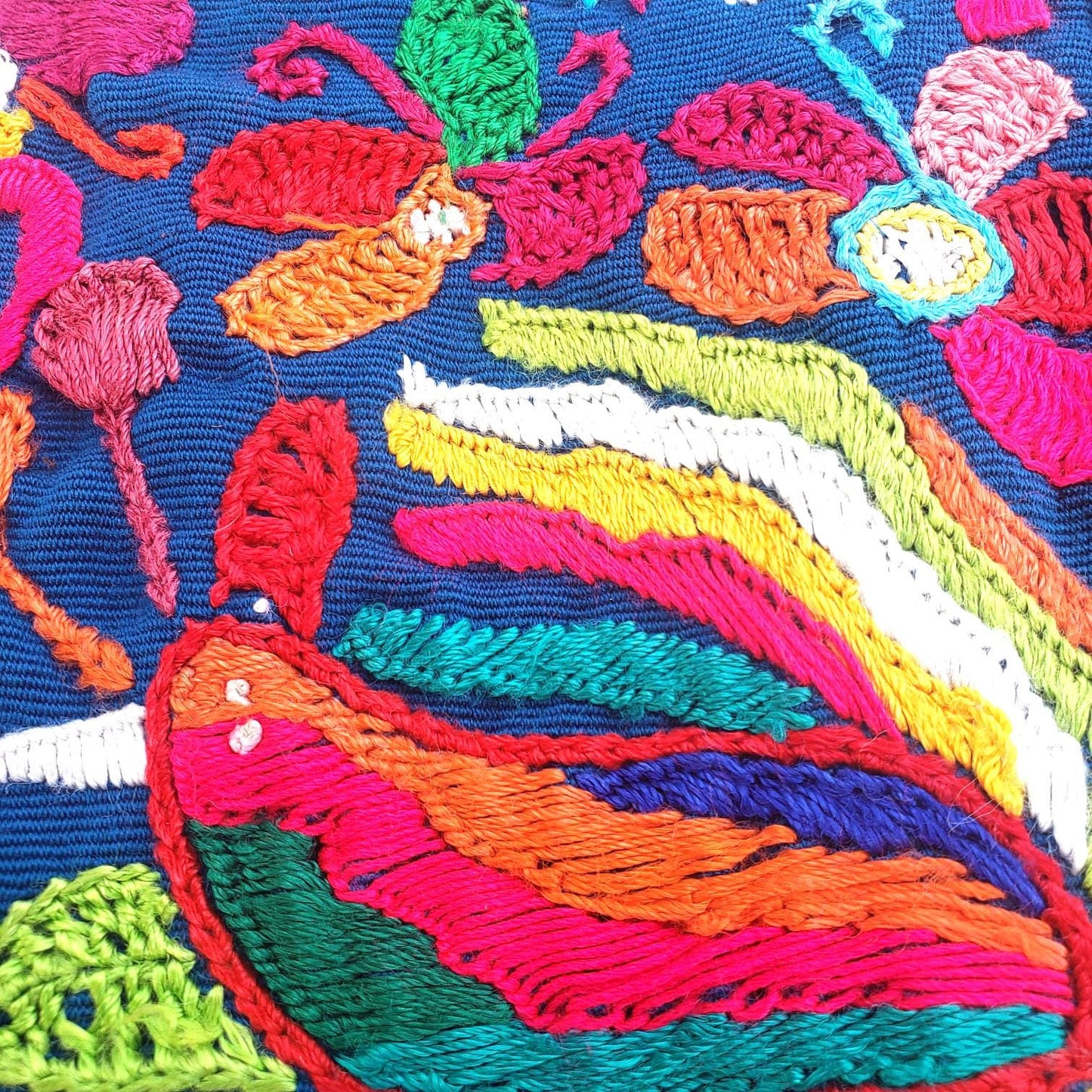 Upcycled Huipil PILLOW Case, Cushion Cover 19x19 inches, Handmade Blue PEACOCKS and FLORAL Textile