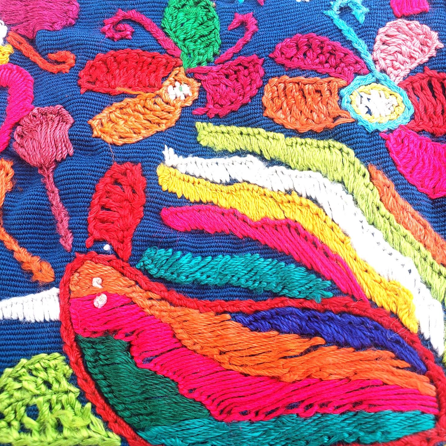 Upcycled Huipil PILLOW Case, Cushion Cover 19x19 inches, Handmade Blue PEACOCKS and FLORAL Textile