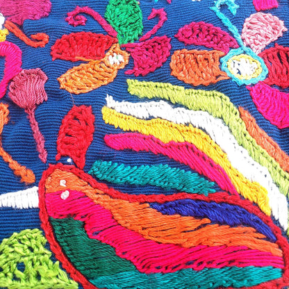 Upcycled Huipil PILLOW Case, Cushion Cover 19x19 inches, Handmade Blue PEACOCKS and FLORAL Textile