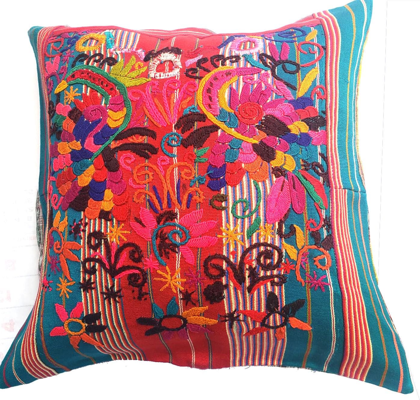 Upcycled Huipil PILLOW Case, Cushion Cover 19x19 inches, Handmade Green PEACOCKS and FLORAL Textile