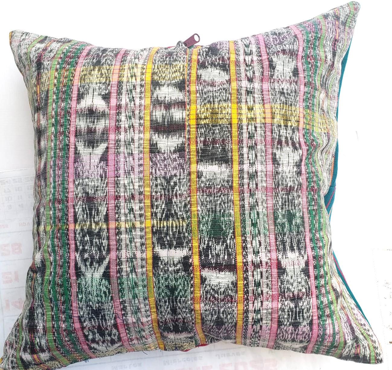 Upcycled Huipil PILLOW Case, Cushion Cover 19x19 inches, Handmade Green PEACOCKS and FLORAL Textile