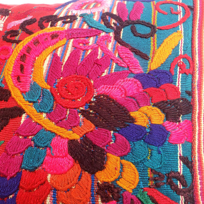 Upcycled Huipil PILLOW Case, Cushion Cover 19x19 inches, Handmade Green PEACOCKS and FLORAL Textile