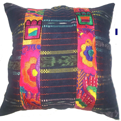 Guatemalan Hand-Embroidery - Floral- Pillow Case Cushion Cover 18x18 Indigo Red color