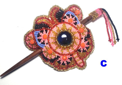 Czech Seed BEADS Hair Accessory CLIP BARRETTE Guatemala With Wooden Stick For Women - Aesthetic Leather Hair Stick Barret Clip