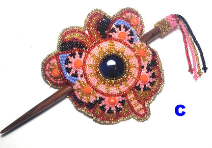 Czech Seed Bead Hair Clip Barrette: Guatemalan Leather & Wood