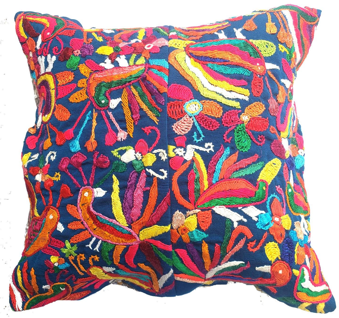 Upcycled Huipil PILLOW Case, Cushion Cover 19x19 inches, Handmade Blue PEACOCKS and FLORAL Textile