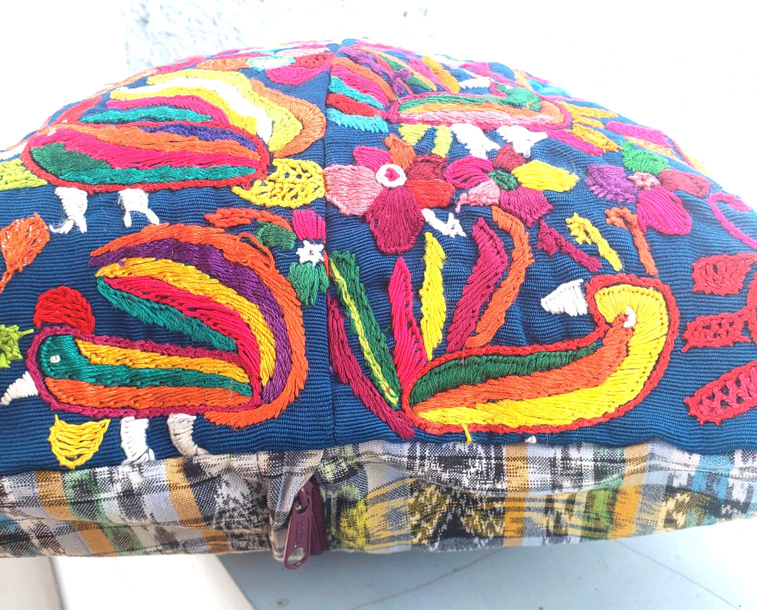 Upcycled Huipil PILLOW Case, Cushion Cover 19x19 inches, Handmade Blue PEACOCKS and FLORAL Textile