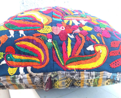 Upcycled Huipil PILLOW Case, Cushion Cover 19x19 inches, Handmade Blue PEACOCKS and FLORAL Textile