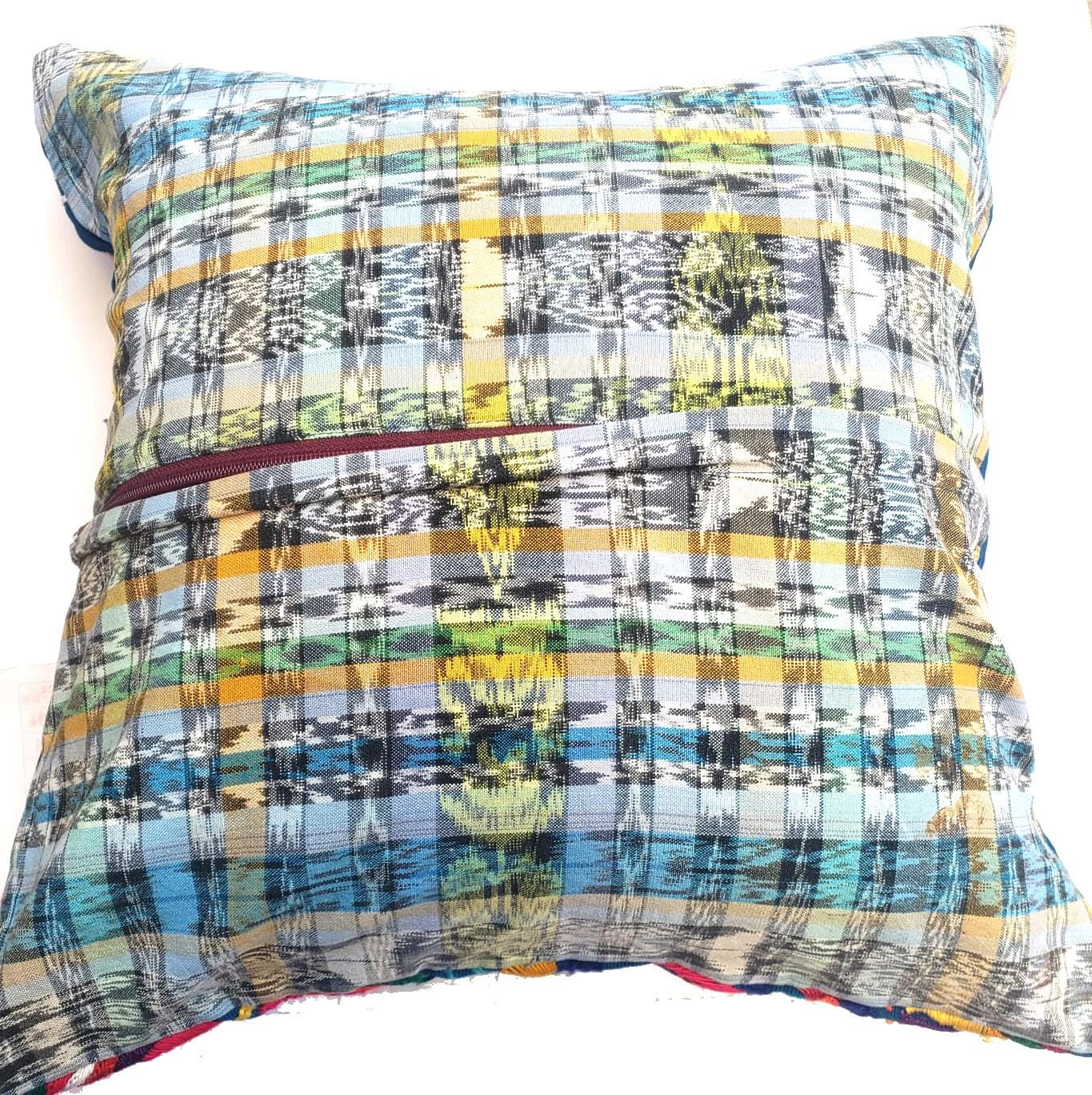 Upcycled Huipil PILLOW Case, Cushion Cover 19x19 inches, Handmade Blue PEACOCKS and FLORAL Textile