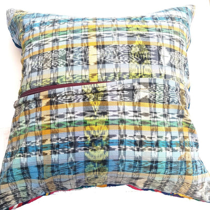 Upcycled Huipil PILLOW Case, Cushion Cover 19x19 inches, Handmade Blue PEACOCKS and FLORAL Textile