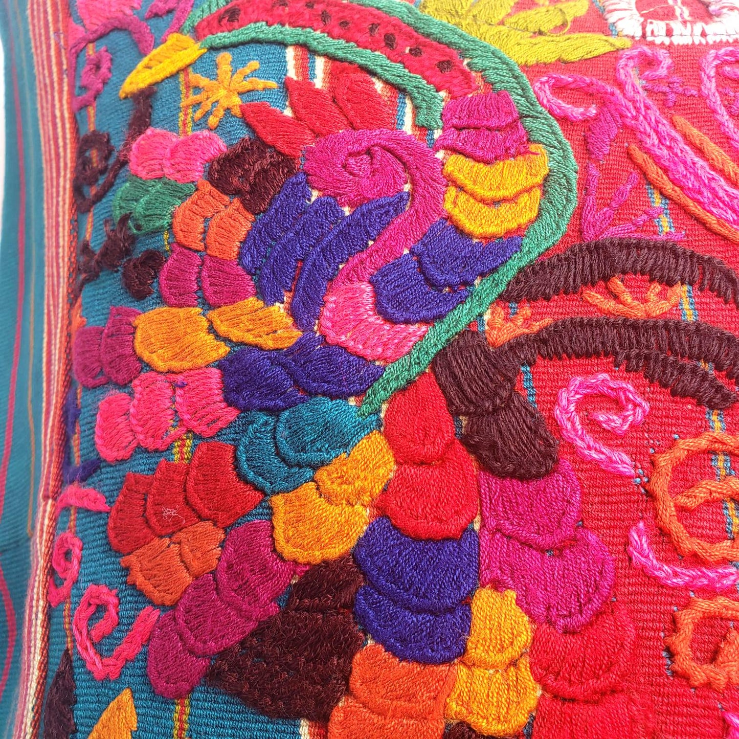 Upcycled Huipil PILLOW Case, Cushion Cover 19x19 inches, Handmade Green PEACOCKS and FLORAL Textile