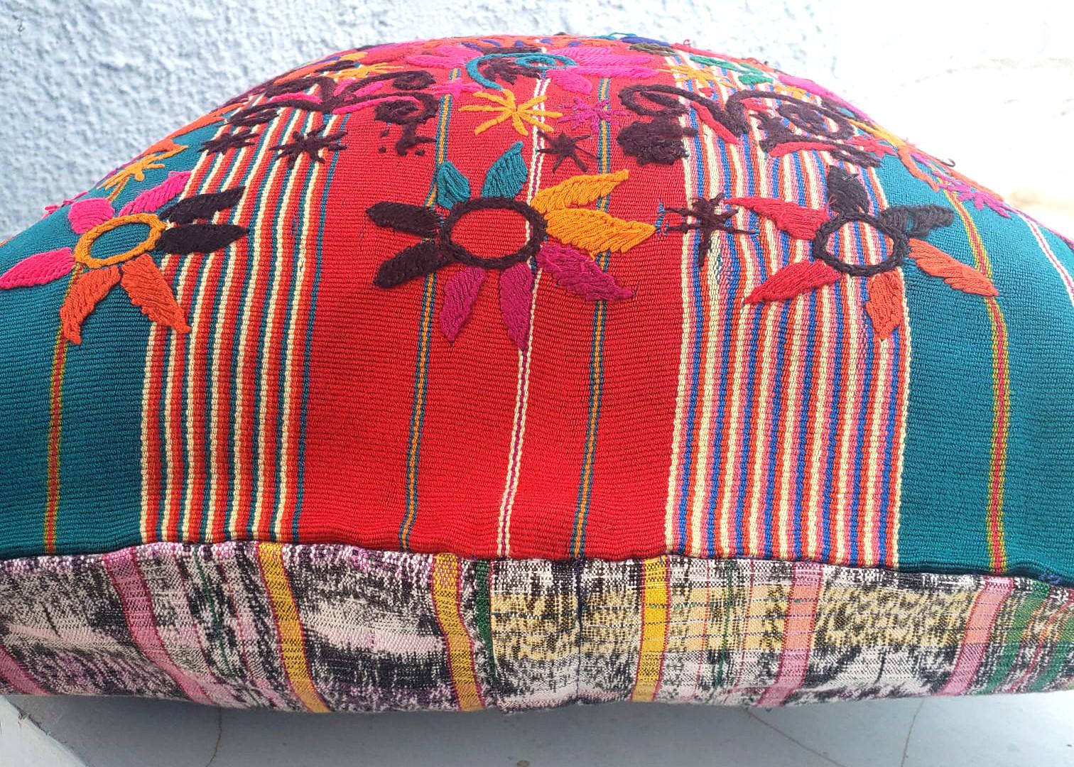 Upcycled Huipil PILLOW Case, Cushion Cover 19x19 inches, Handmade Green PEACOCKS and FLORAL Textile