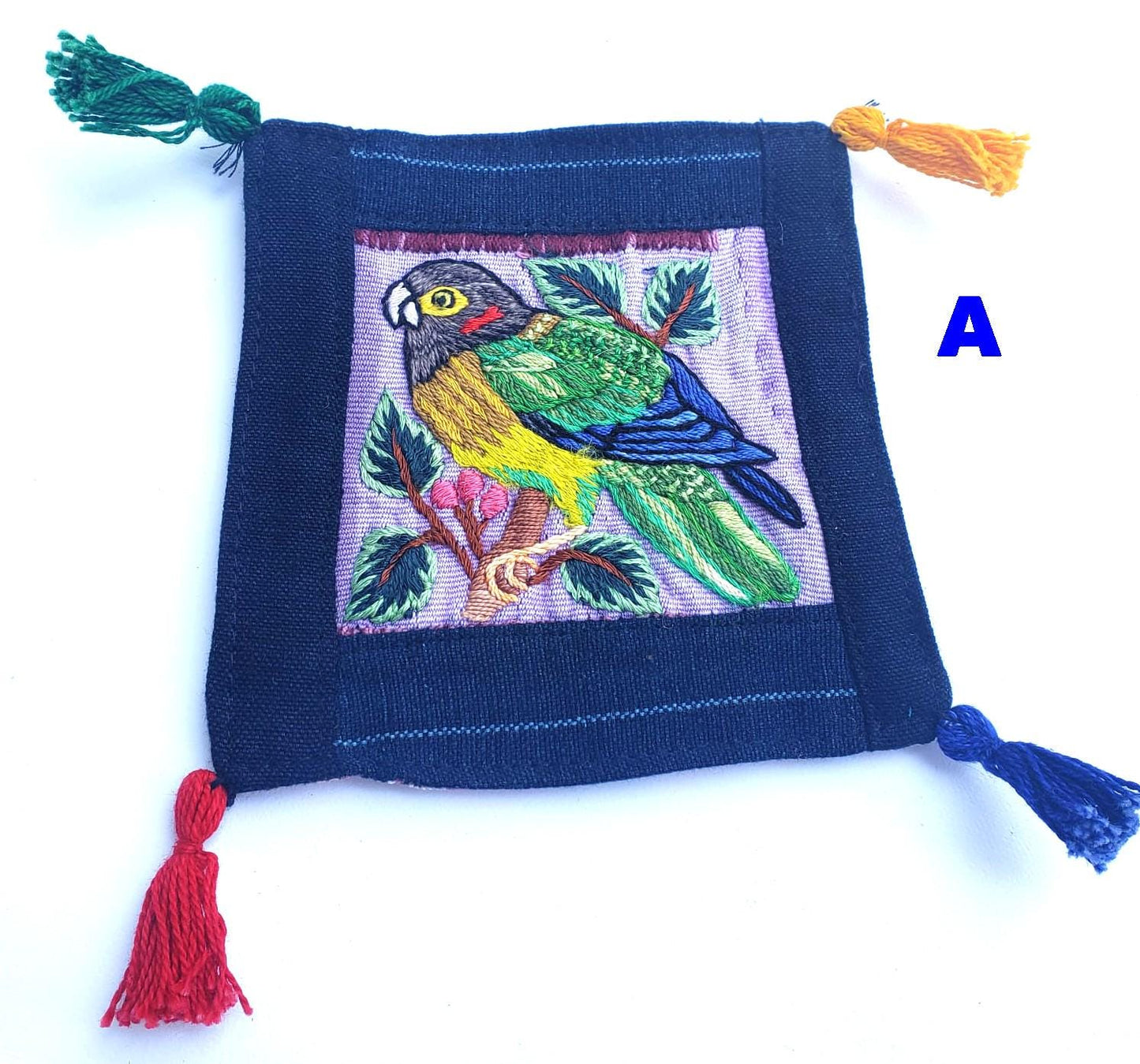 13x13 Cm Hand Embroidered COTTON Textile GUATEMALAN Birds COASTER - Pretty Ornament Square Coaster