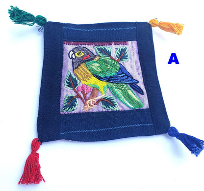 13x13 Cm Hand Embroidered COTTON Textile GUATEMALAN Birds COASTER - Pretty Ornament Square Coaster