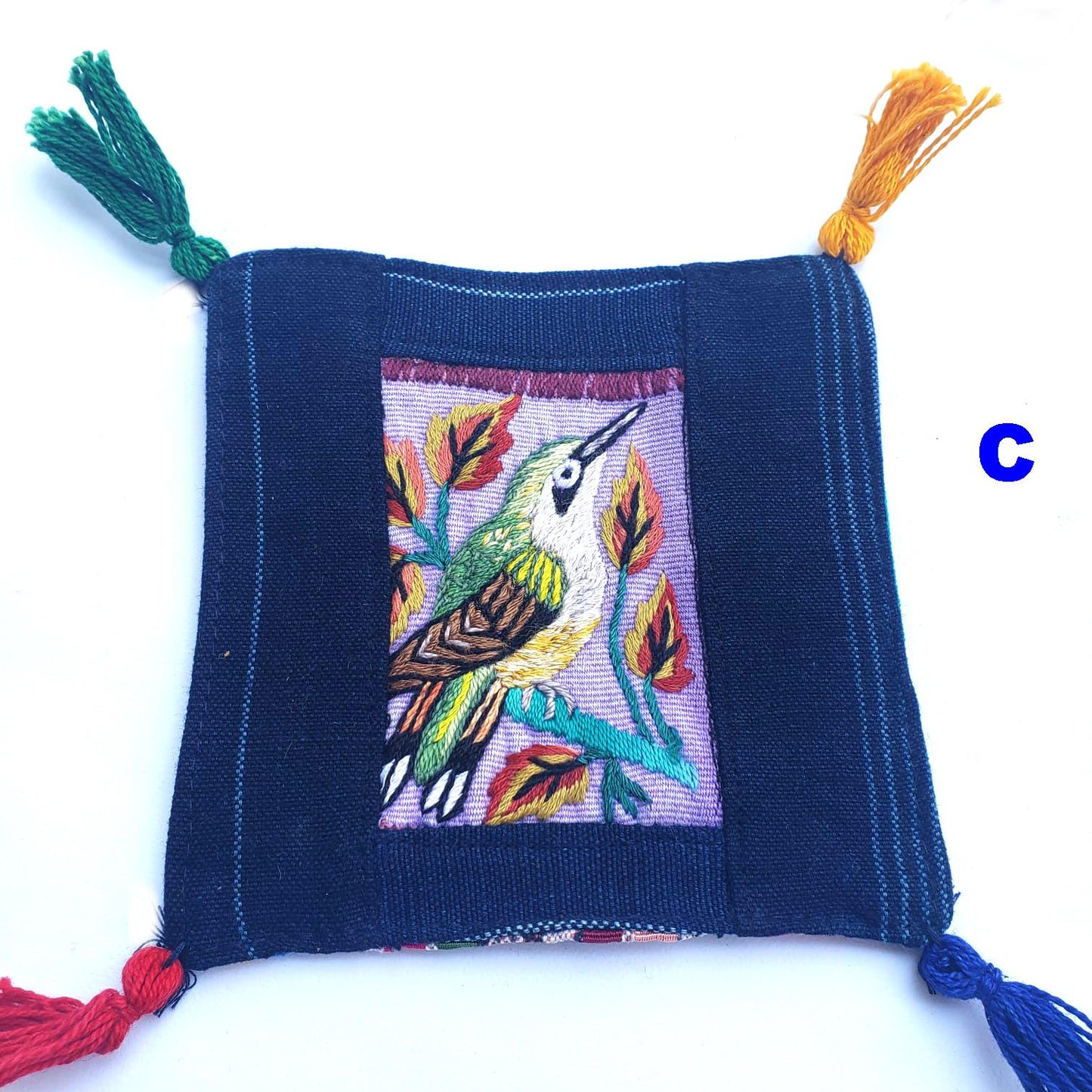 13x13 Cm Hand Embroidered COTTON Textile GUATEMALAN Birds COASTER - Pretty Ornament Square Coaster