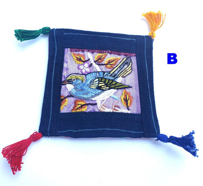 13x13 Cm Hand Embroidered COTTON Textile GUATEMALAN Birds COASTER - Pretty Ornament Square Coaster