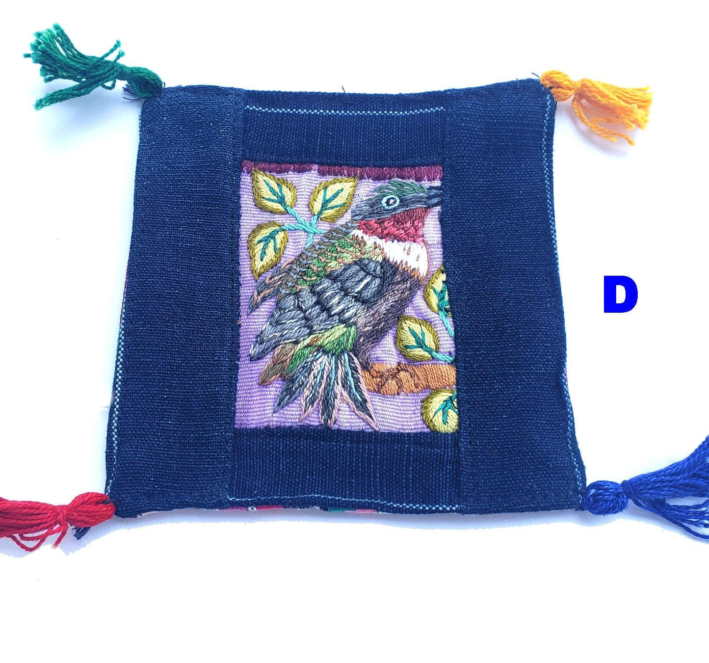 13x13 Cm Hand Embroidered COTTON Textile GUATEMALAN Birds COASTER - Pretty Ornament Square Coaster