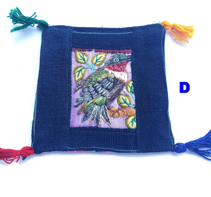 13x13 Cm Hand Embroidered COTTON Textile GUATEMALAN Birds COASTER - Pretty Ornament Square Coaster