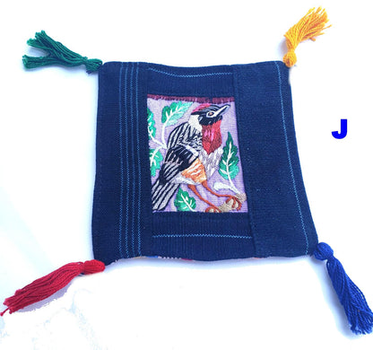 13x13 Cm Hand Embroidered COTTON Textile GUATEMALAN Birds COASTER - Pretty Ornament Square Coaster