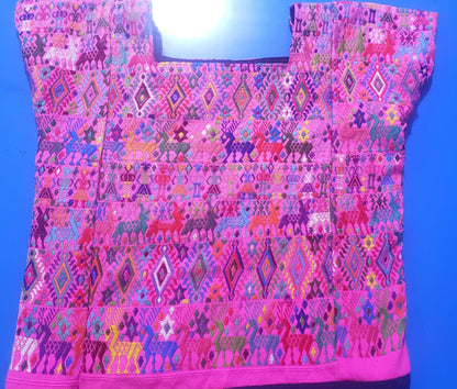 Vintage cotton unique Pink handmade weaved Mayan Tactic huipil