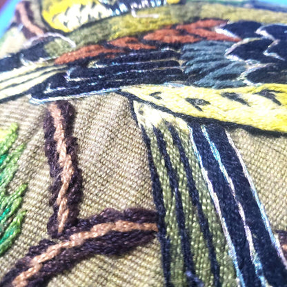 MINI Guatemala Hand Embroidery Pillow, PARAKEETS Couple Embroidery Cushion 8x8, Olive Green Birds Pillow Case