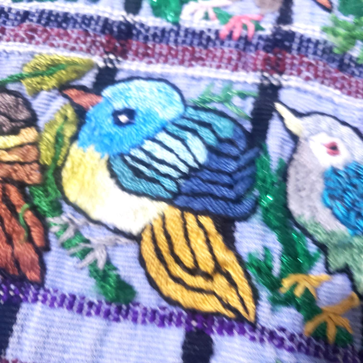 Handmade Purple EMBROIDERED Guatemalan Santiago Atitlan COTTON WALL "Mayan Bird Family" Tapestry