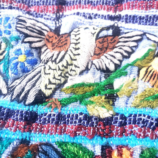 Handmade Purple EMBROIDERED Guatemalan Santiago Atitlan COTTON WALL "Mayan Bird Family" Tapestry
