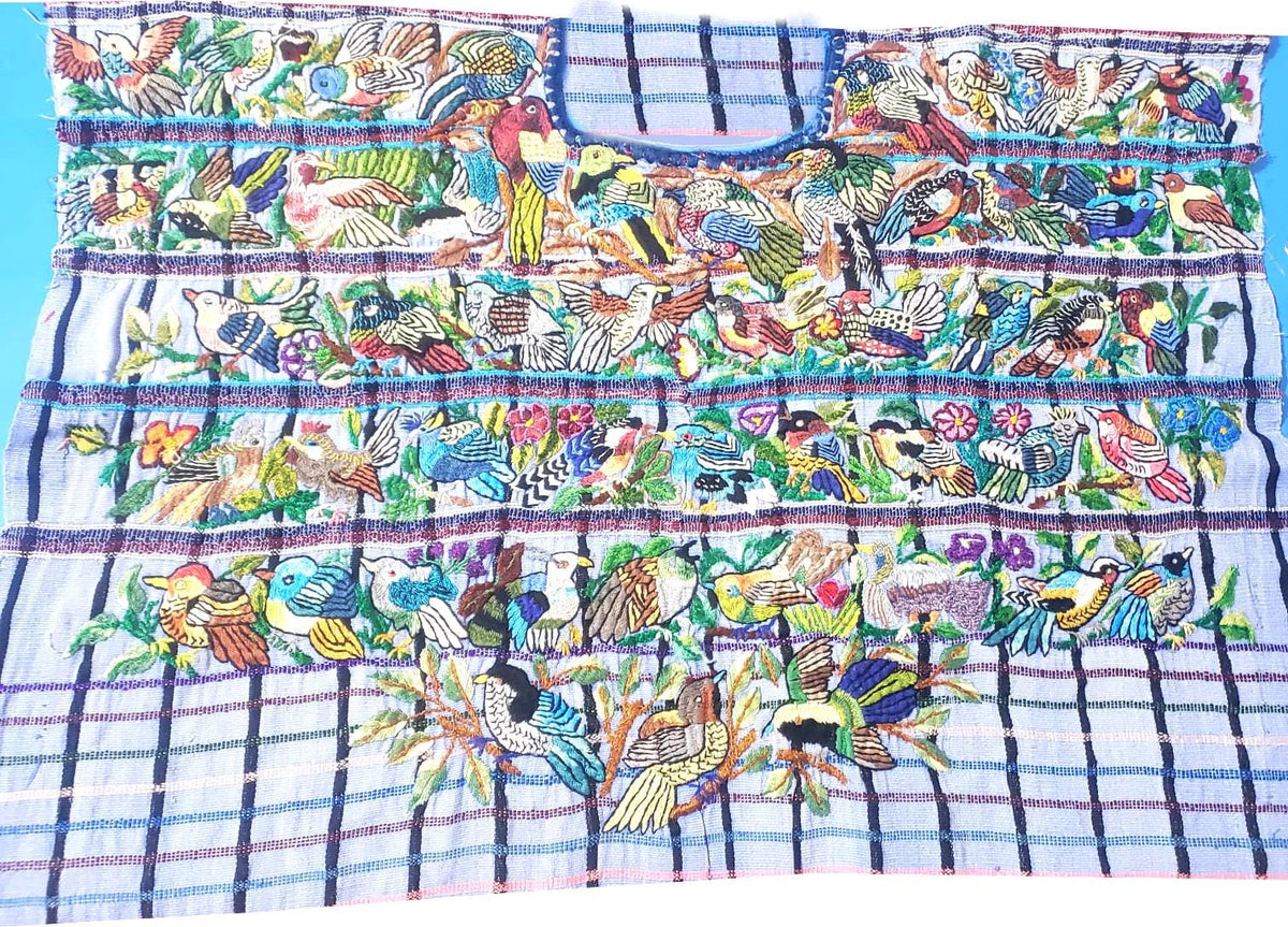 Handmade Purple EMBROIDERED Guatemalan Santiago Atitlan COTTON WALL "Mayan Bird Family" Tapestry