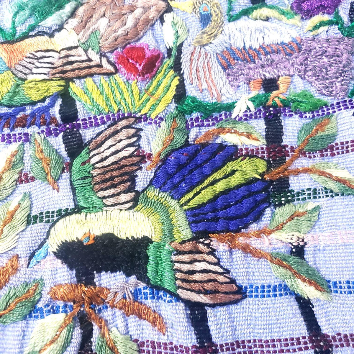 Handmade Purple EMBROIDERED Guatemalan Santiago Atitlan COTTON WALL "Mayan Bird Family" Tapestry