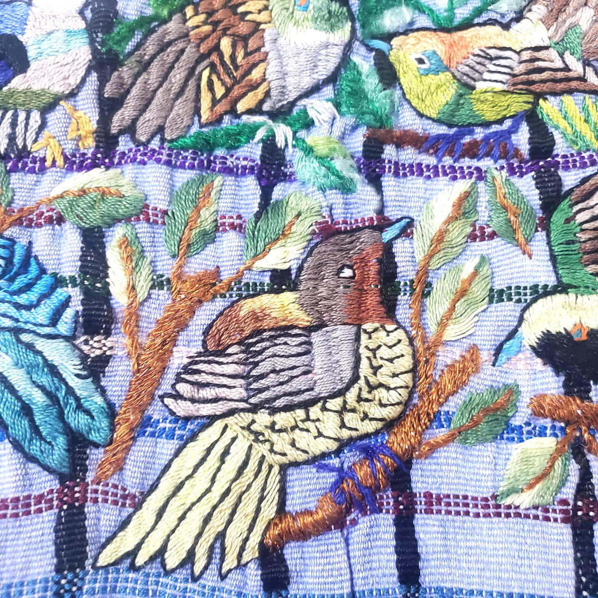 Handmade Purple EMBROIDERED Guatemalan Santiago Atitlan COTTON WALL "Mayan Bird Family" Tapestry