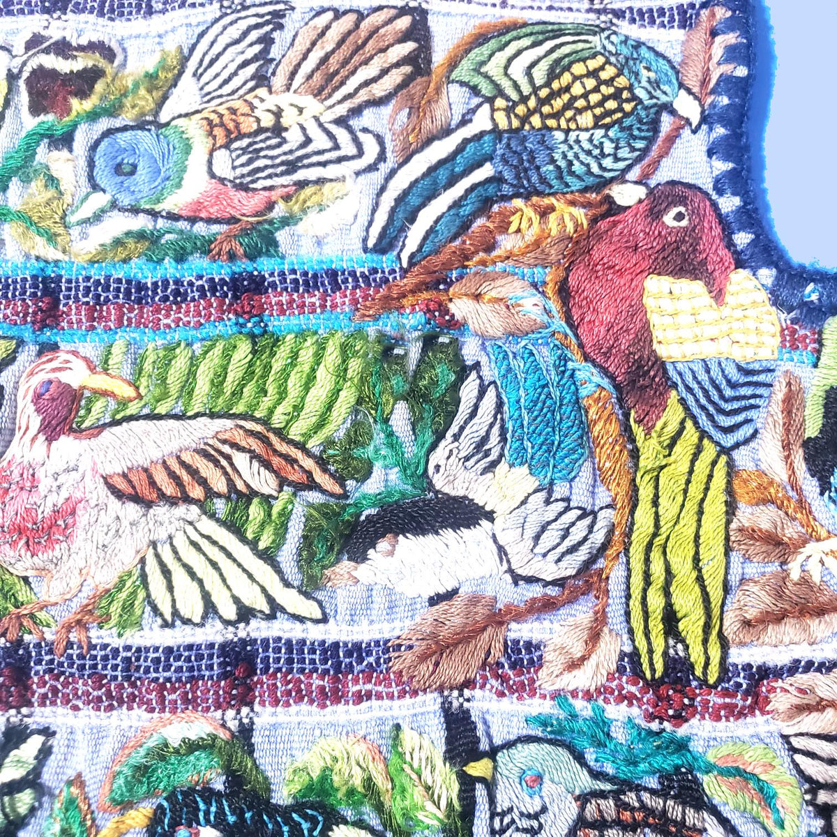 Handmade Purple EMBROIDERED Guatemalan Santiago Atitlan COTTON WALL "Mayan Bird Family" Tapestry