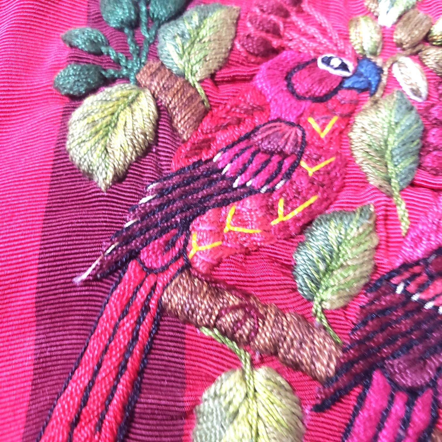 Handmade Burgundy EMBROIDERED Guatemalan Santiago Atitlan COTTON WALL "Mayan Bird Family" Tapestry