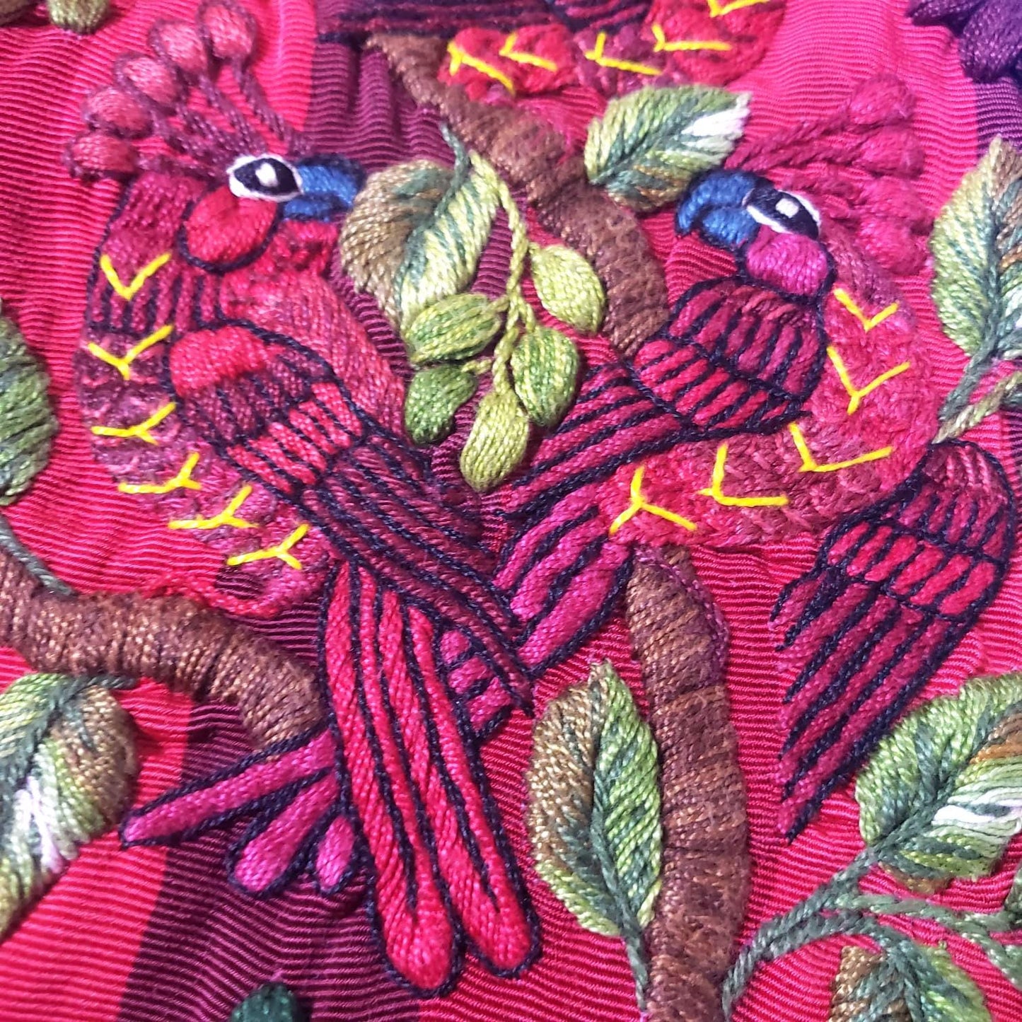 Handmade Burgundy EMBROIDERED Guatemalan Santiago Atitlan COTTON WALL "Mayan Bird Family" Tapestry