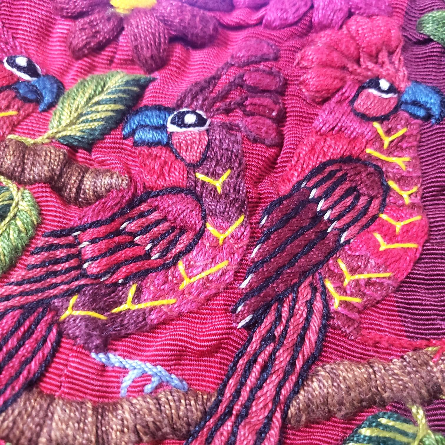Handmade Burgundy EMBROIDERED Guatemalan Santiago Atitlan COTTON WALL "Mayan Bird Family" Tapestry