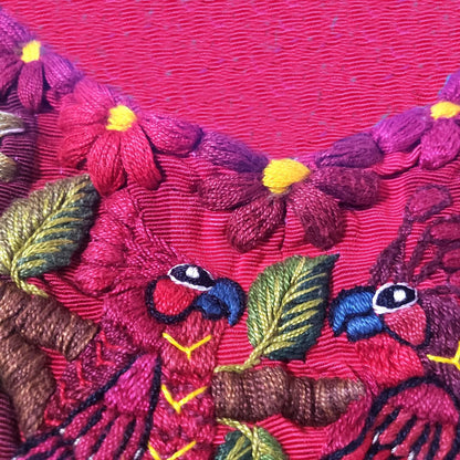 Handmade Burgundy EMBROIDERED Guatemalan Santiago Atitlan COTTON WALL "Mayan Bird Family" Tapestry