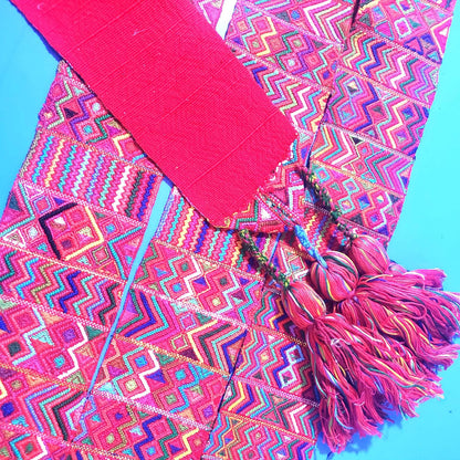 Vintage Red / Green Unique Guatemala Handmade WEAVED Cotton SASH CINTA from Aguacatan