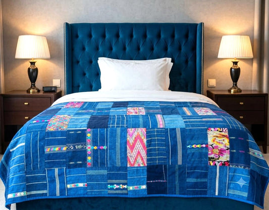 Guatemalan Indigo PATCHWORK QUILT Huipil throw -Wall hanging decor-