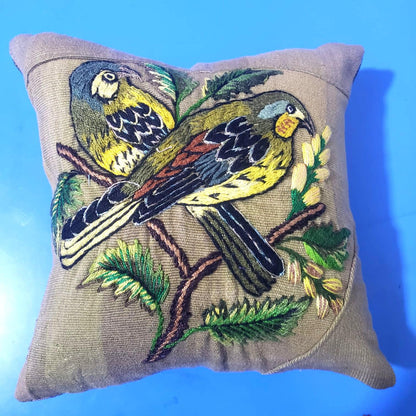 MINI Guatemala Hand Embroidery Pillow, PARAKEETS Couple Embroidery Cushion 8x8, Olive Green Birds Pillow Case