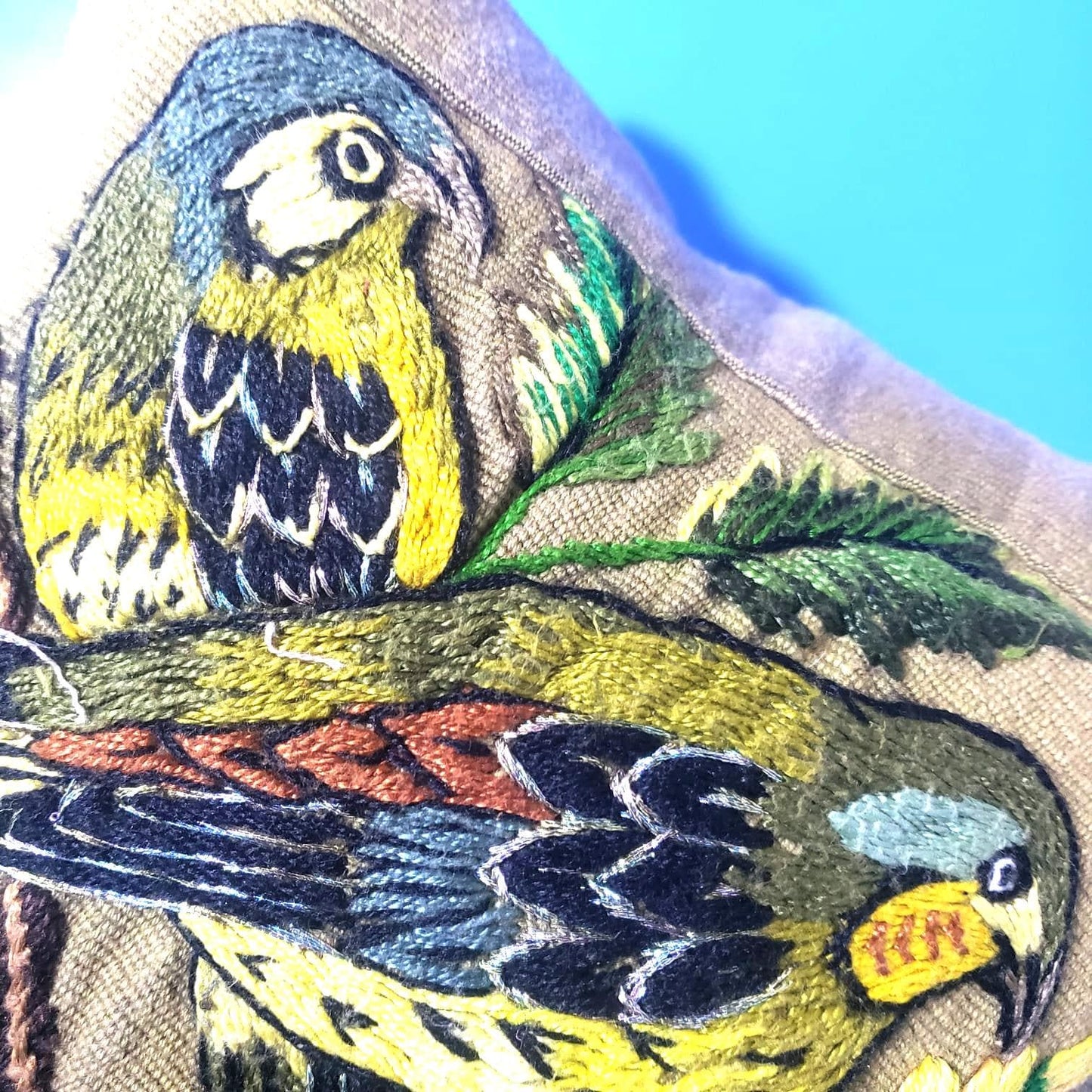 MINI Guatemala Hand Embroidery Pillow, PARAKEETS Couple Embroidery Cushion 8x8, Olive Green Birds Pillow Case