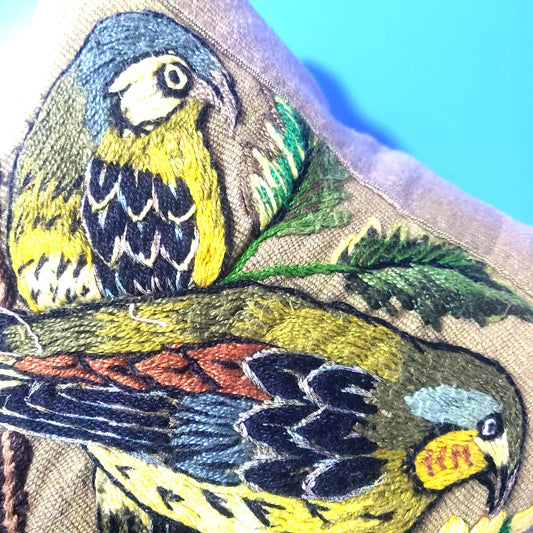 MINI Guatemala Hand Embroidery Pillow, PARAKEETS Couple Embroidery Cushion 8x8, Olive Green Birds Pillow Case
