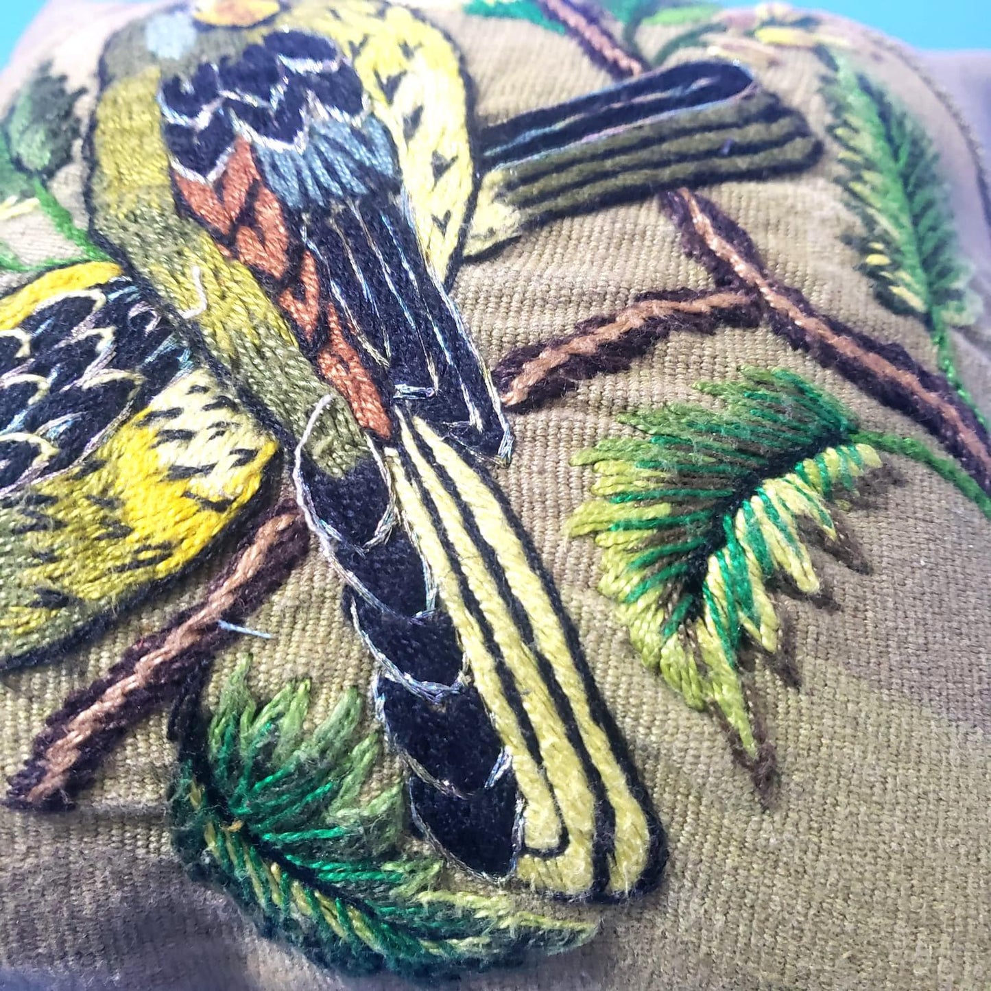 MINI Guatemala Hand Embroidery Pillow, PARAKEETS Couple Embroidery Cushion 8x8, Olive Green Birds Pillow Case