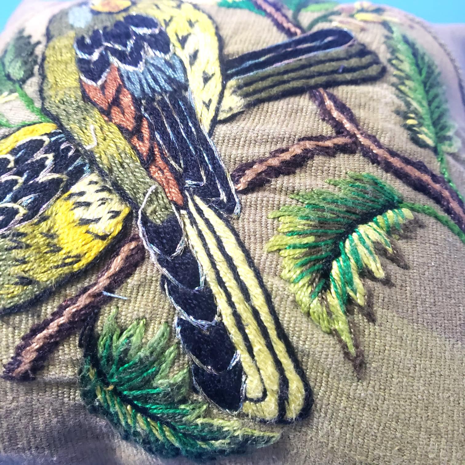 MINI Guatemala Hand Embroidery Pillow, PARAKEETS Couple Embroidery Cushion 8x8, Olive Green Birds Pillow Case