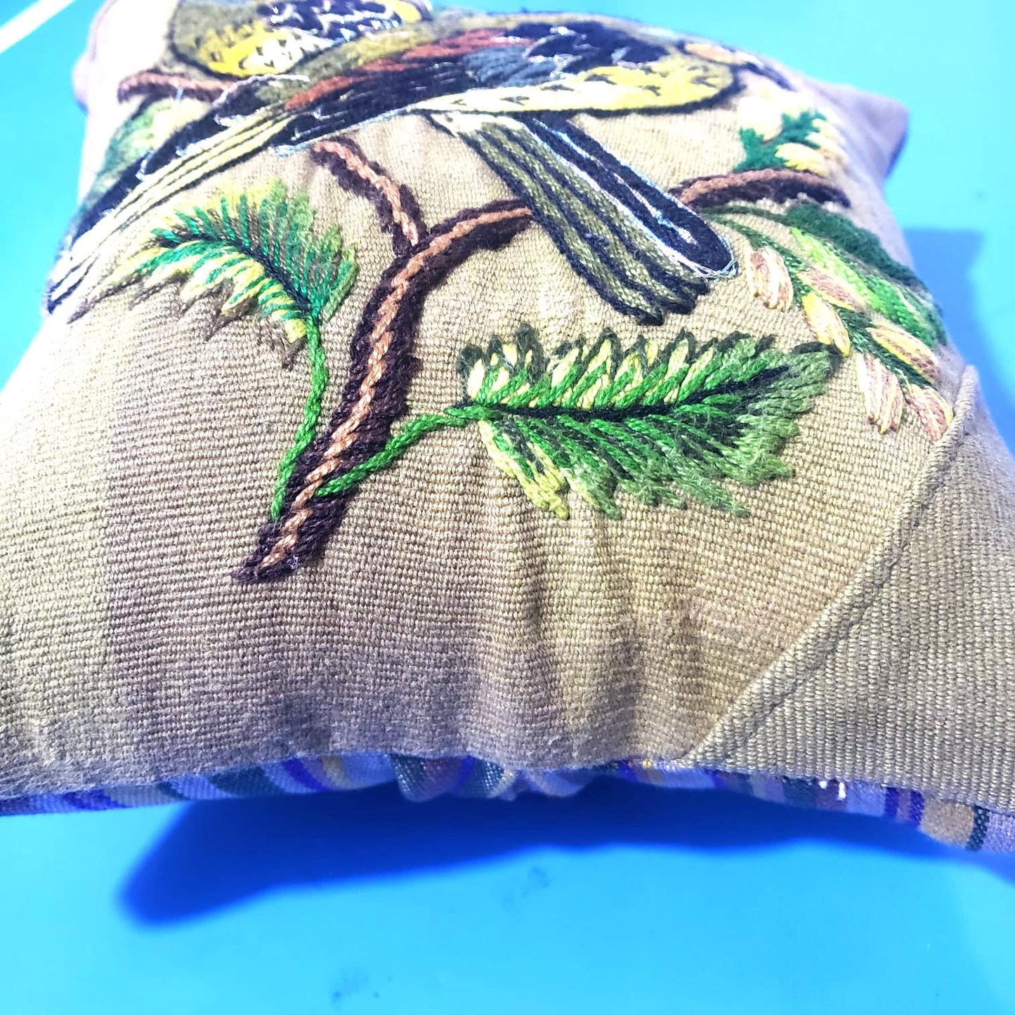 MINI Guatemala Hand Embroidery Pillow, PARAKEETS Couple Embroidery Cushion 8x8, Olive Green Birds Pillow Case