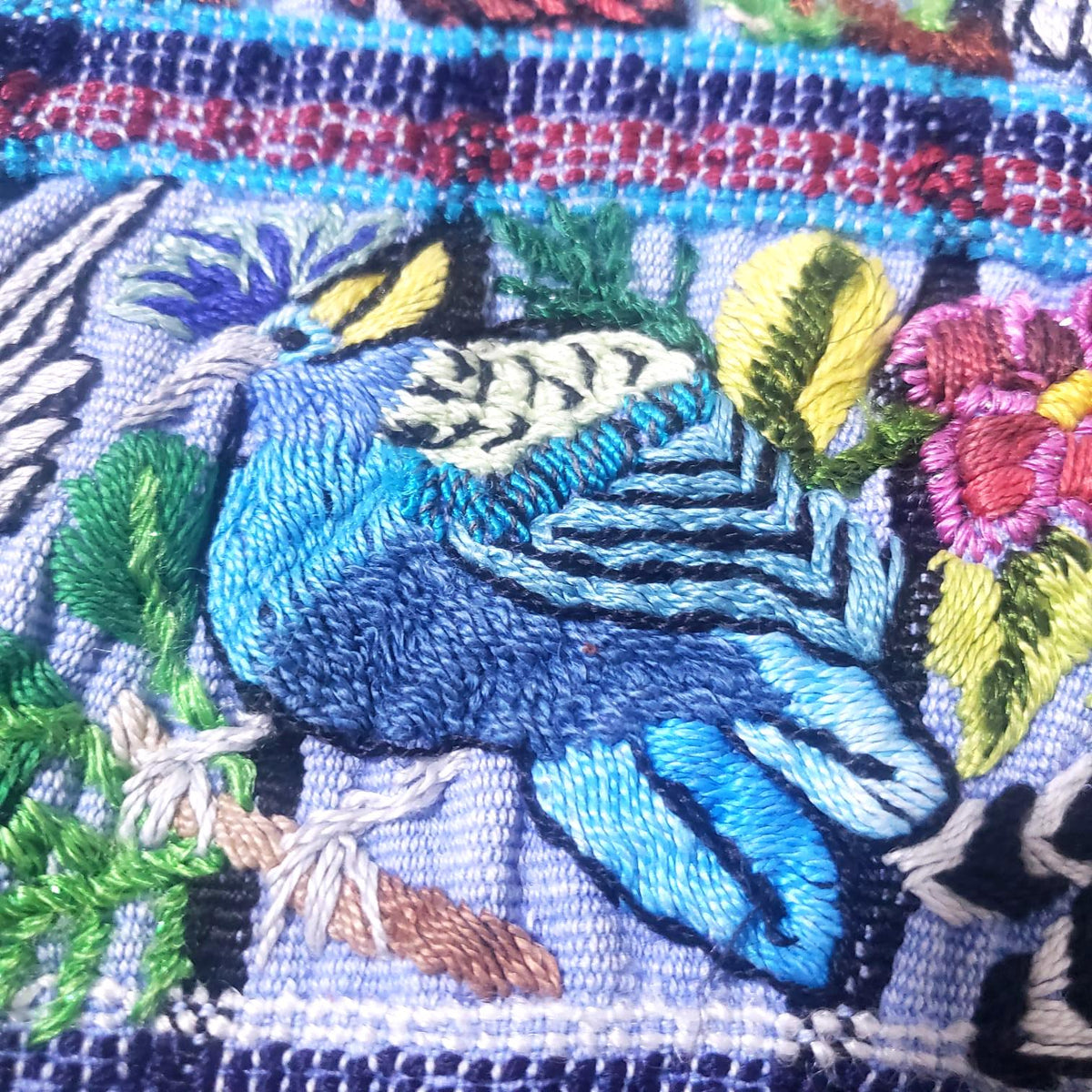 Handmade Purple EMBROIDERED Guatemalan Santiago Atitlan COTTON WALL "Mayan Bird Family" Tapestry