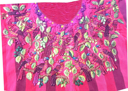 Handmade Burgundy EMBROIDERED Guatemalan Santiago Atitlan COTTON WALL "Mayan Bird Family" Tapestry