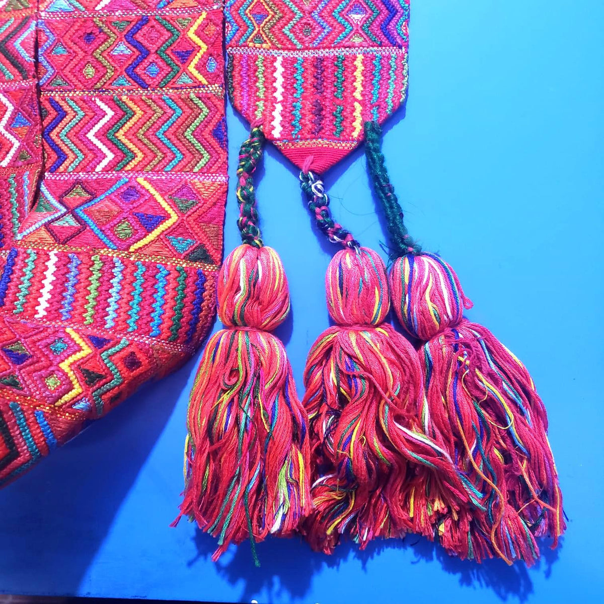 Vintage Red / Green Unique Guatemala Handmade WEAVED Cotton SASH CINTA from Aguacatan