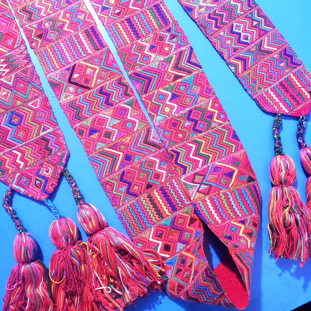 Vintage Red / Green Unique Guatemala Handmade WEAVED Cotton SASH CINTA from Aguacatan